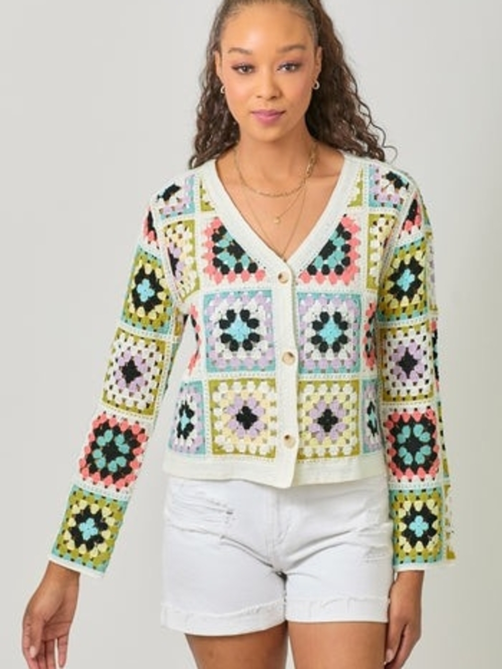 NWT Mysyree Large Multicolor Granny Square Crochet Cardigan Sweater - Women